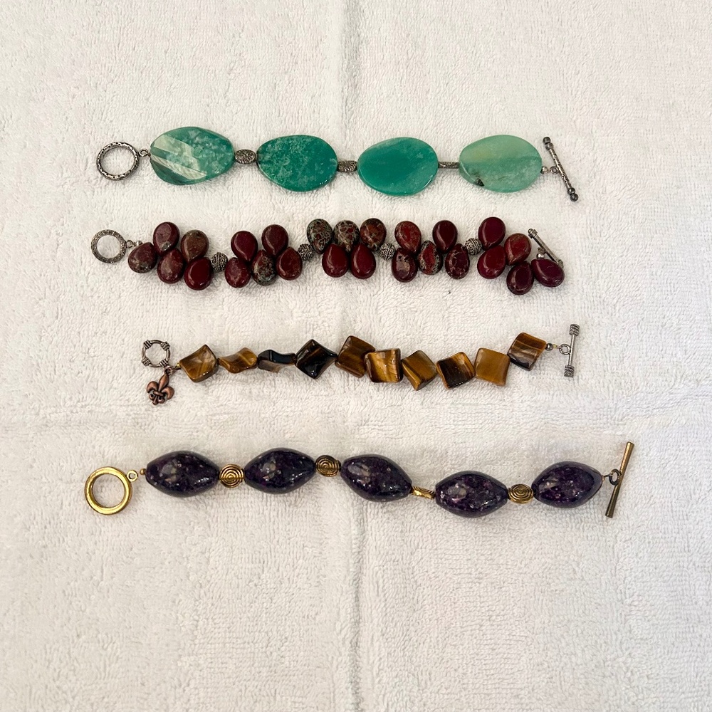 Lot of 4 Bracelets Beaded Real Stone Agate Metal Clasps